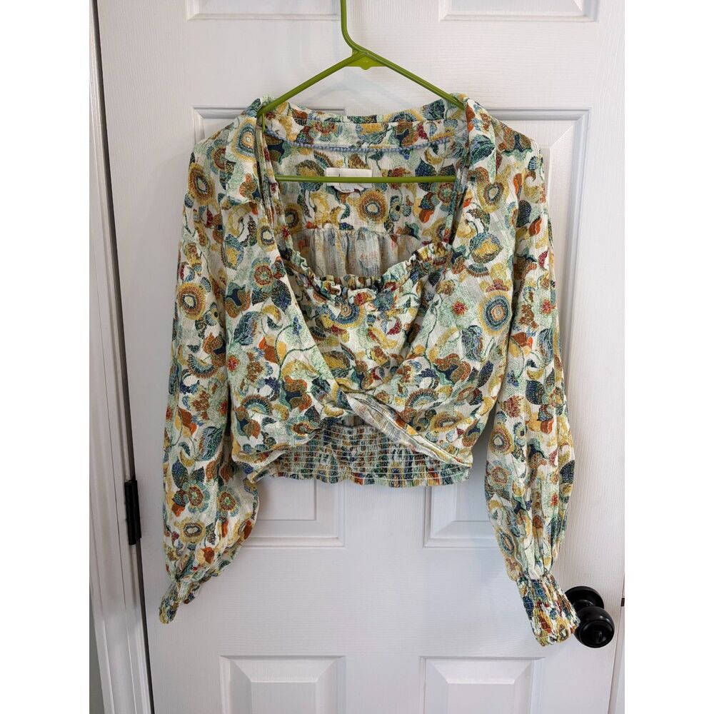 Anthropologie Cotton Twist Crop Top Smocked Floral Printed Wrap Blouse Size M